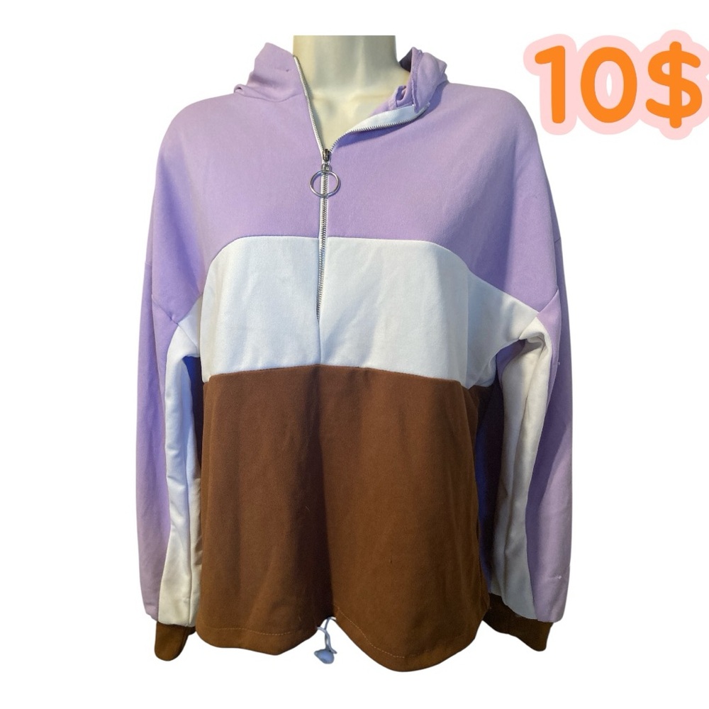 Colorblock Hoodie Sweater - Purple, White, and Brown
